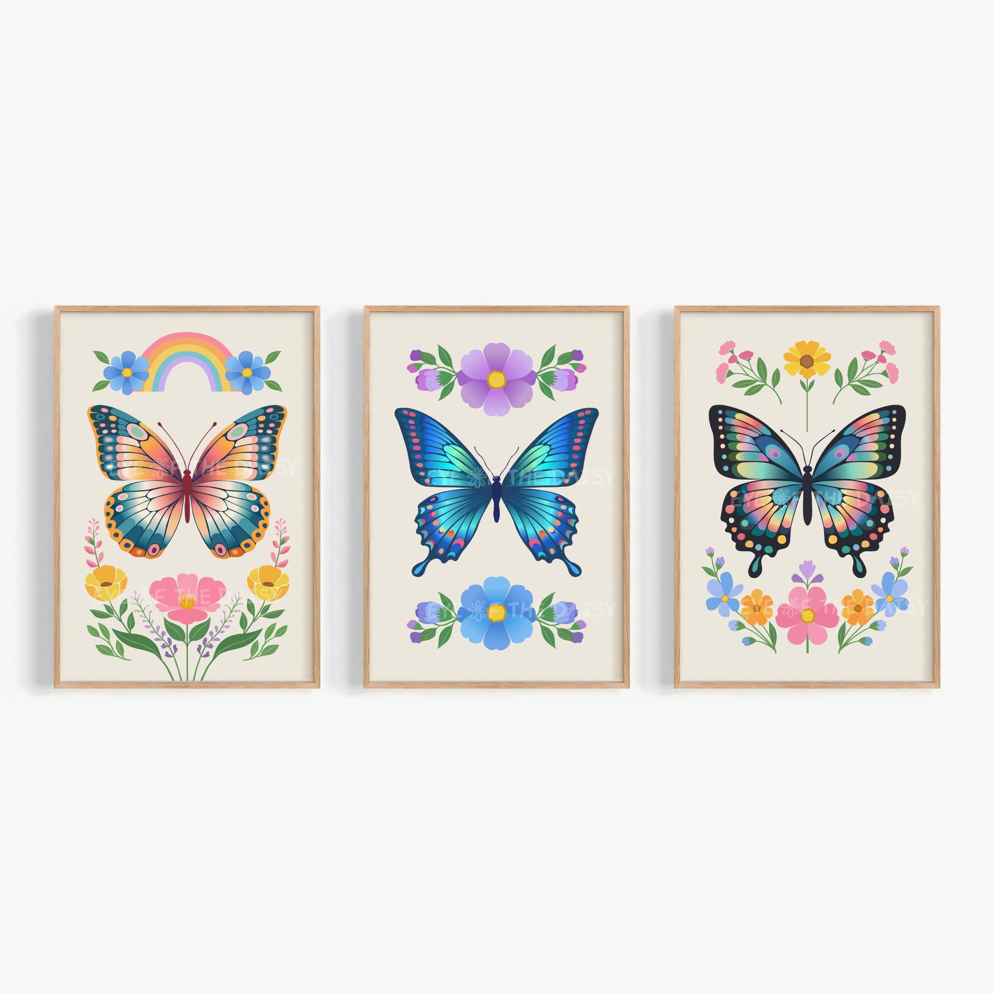 Colourful floral butterfly print set of three, with illustrations of butterflies and flowers in a boho Nordic folk art style