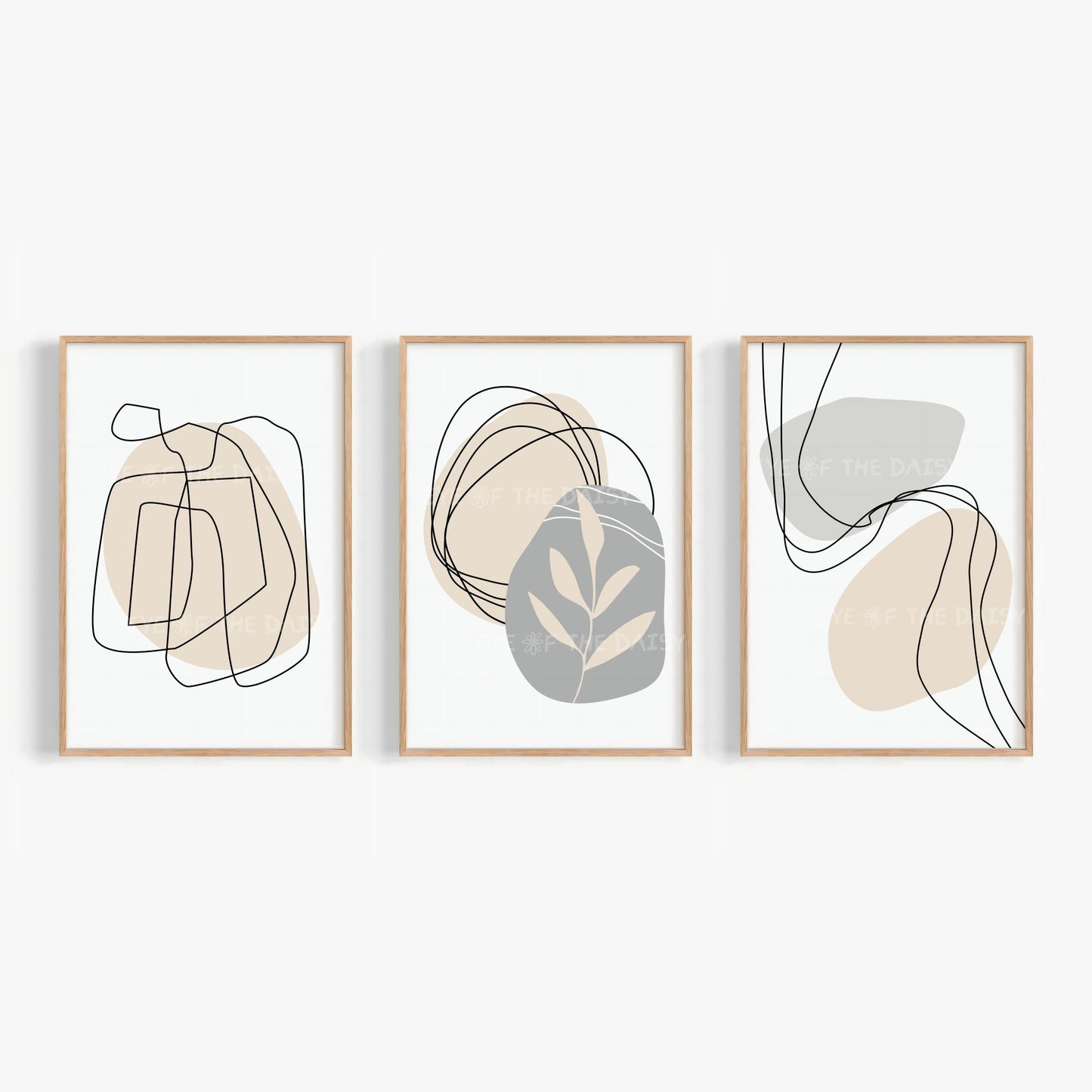 Neutral abstract botanical print set of 3 in beige and grey, modern minimalist printable wall art, digital download artwork