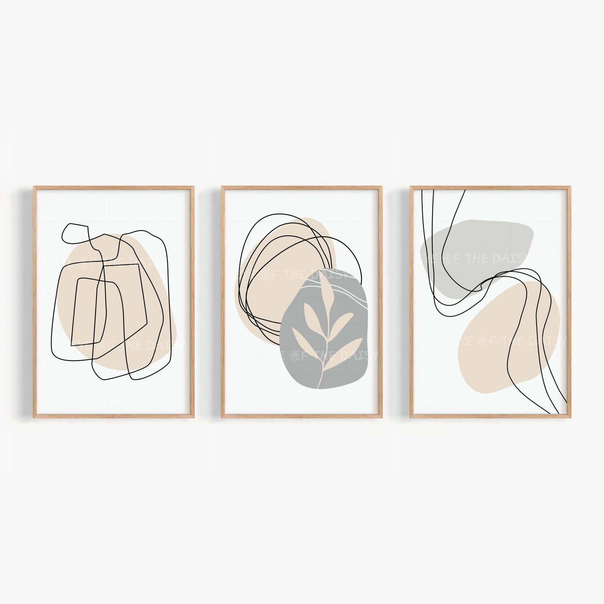 Neutral abstract botanical print set of 3 in beige and grey, modern minimalist printable wall art, digital download artwork