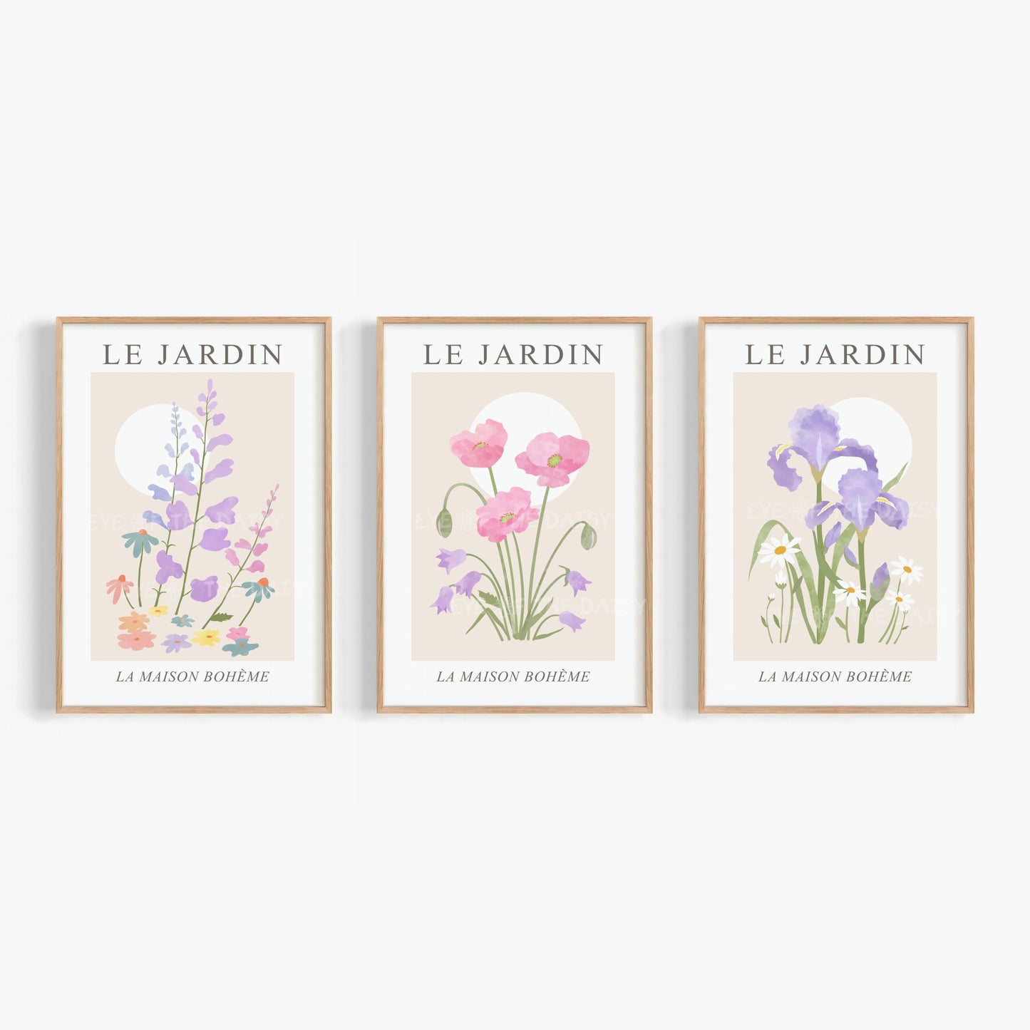 Printable Le Jardin pastel floral wall art – pink, lilac, and beige botanical triptych, French-inspired gallery wall for home office decor