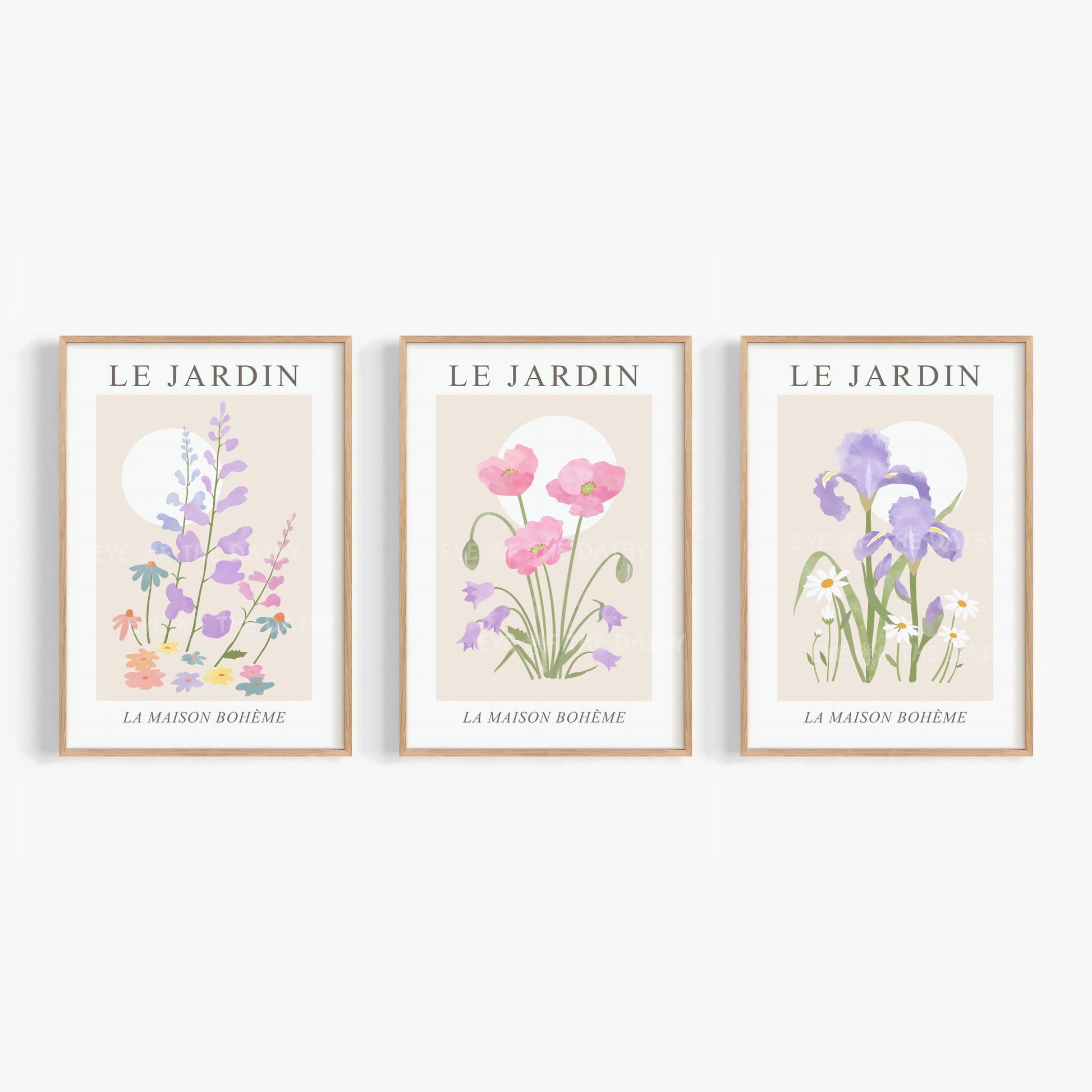 Printable Le Jardin pastel floral wall art – pink, lilac, and beige botanical triptych, French-inspired gallery wall for home office decor