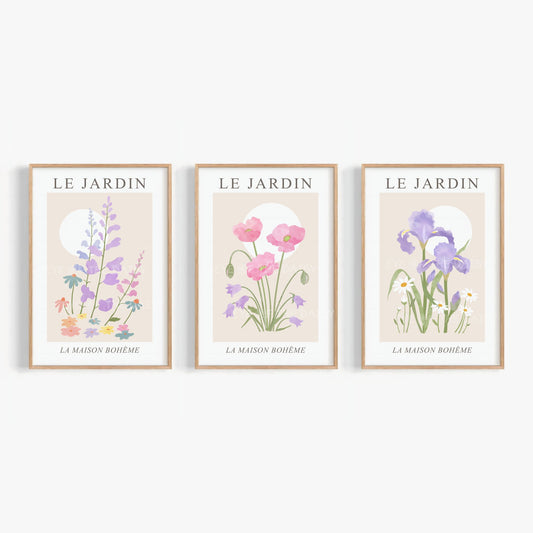 Printable Le Jardin pastel floral wall art – pink, lilac, and beige botanical triptych, French-inspired gallery wall for home office decor