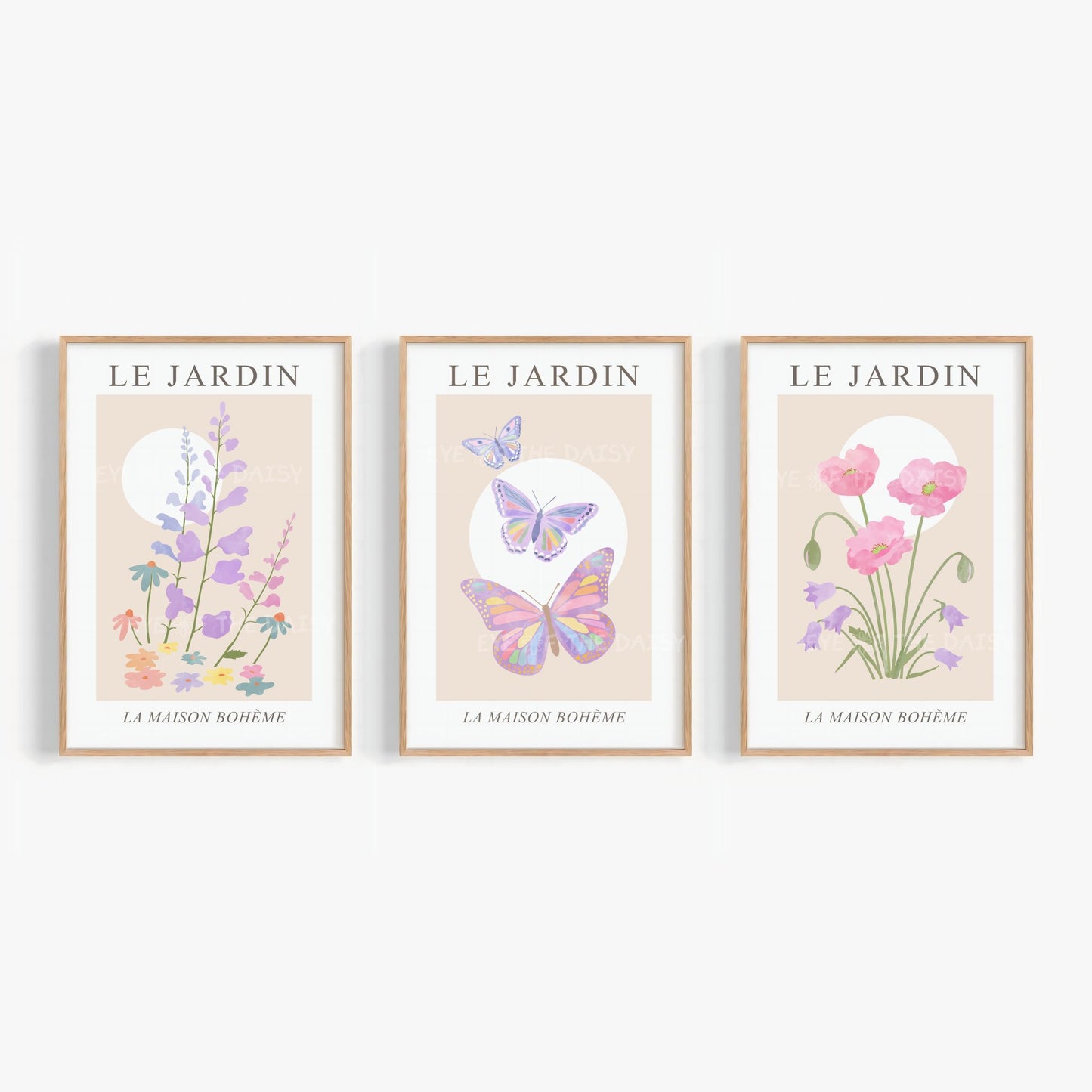 Le Jardin floral printable wall art with butterfly – pastel botanical triptych in soft pink, lilac, beige, minimalist boho chic gallery set