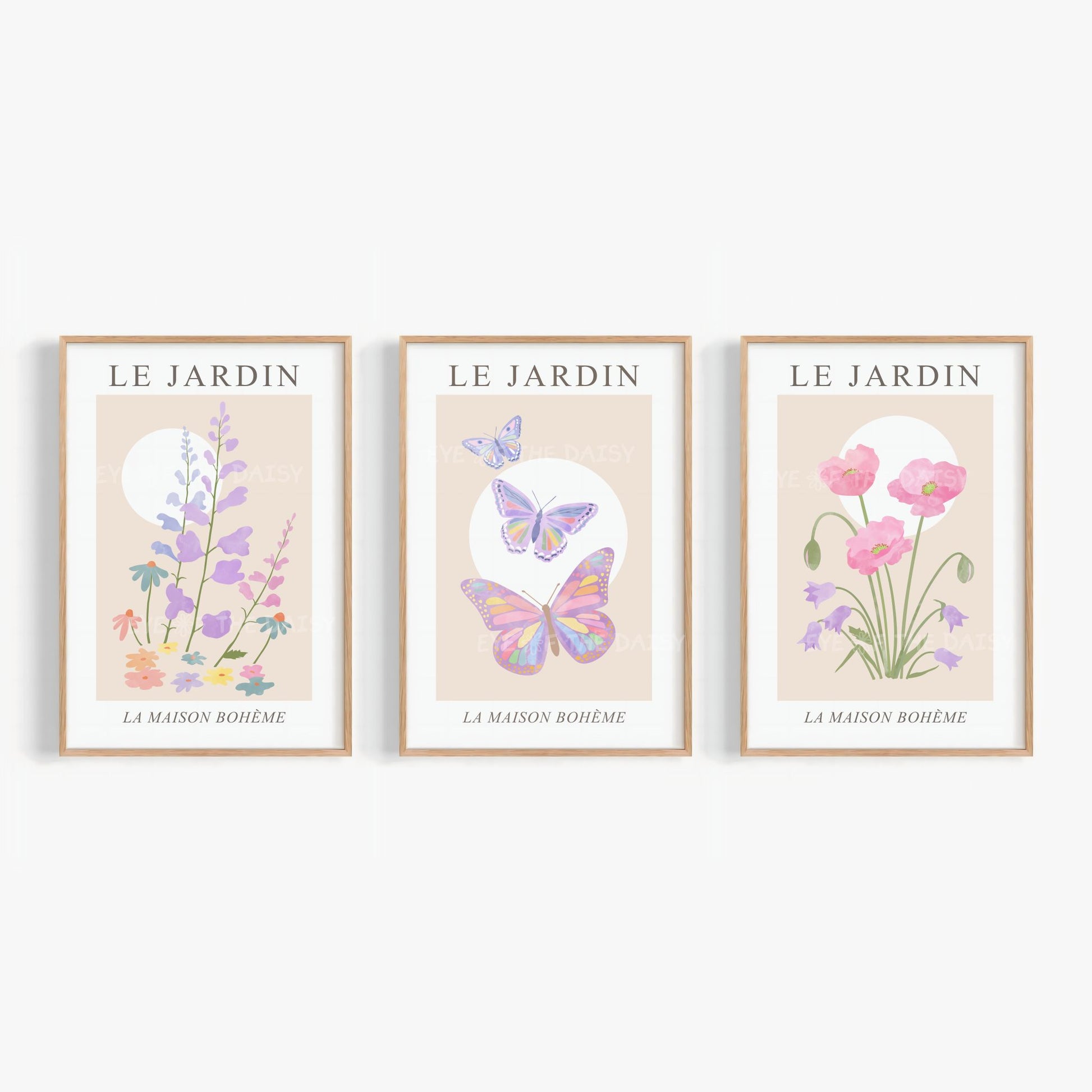 Le Jardin floral printable wall art with butterfly – pastel botanical triptych in soft pink, lilac, beige, minimalist boho chic gallery set
