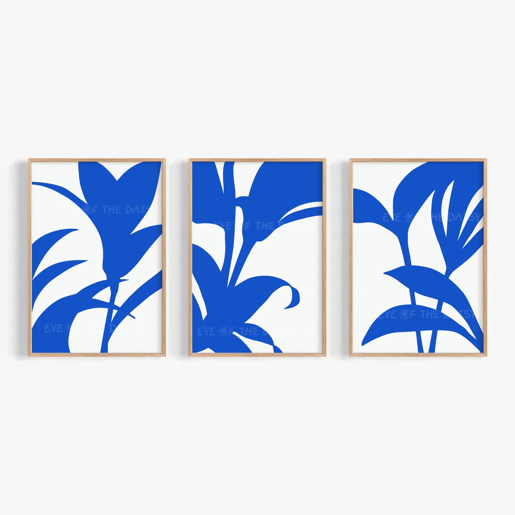 Royal blue leaf abstract print set of 3, modern minimal botanical artwork, printable wall art download for contemporary home decor