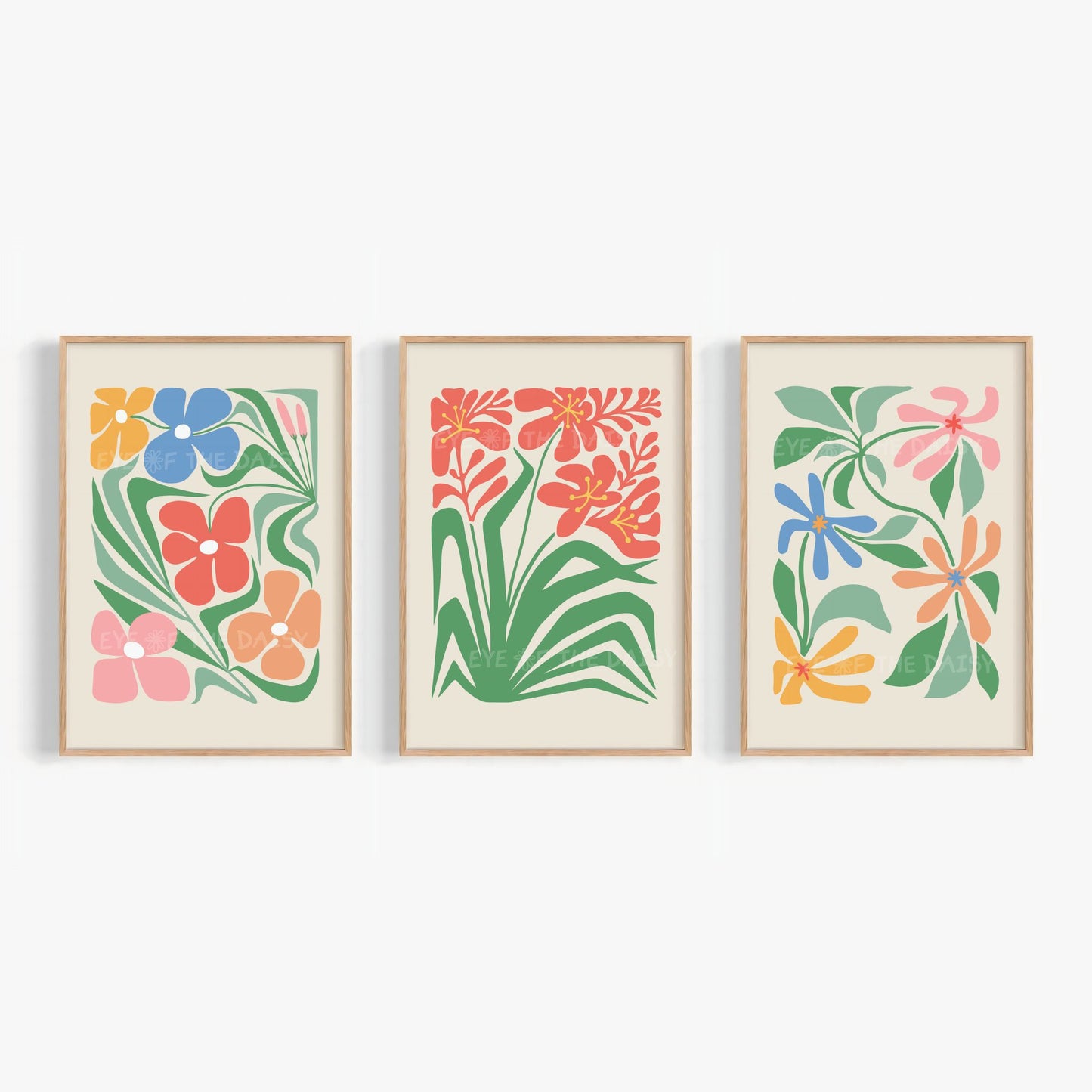 Set of three colourful abstract botanical printable wall art prints of stylized flowers in multi-colors on beige