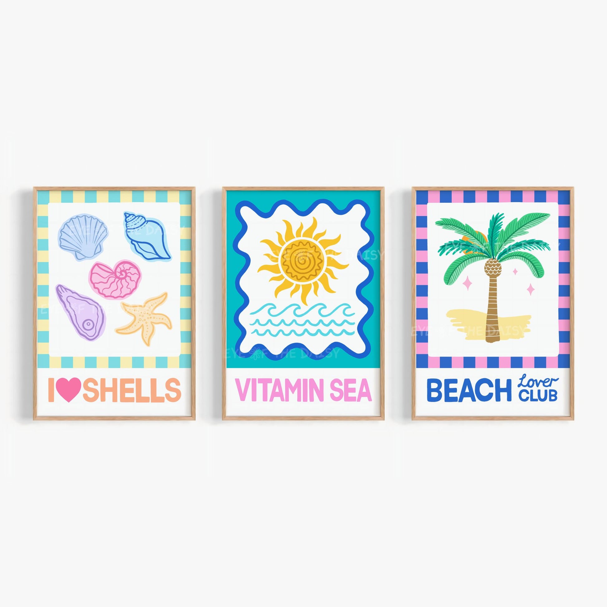 Set of 3 beachy prints featuring I Love Shells, Vitamin Sea, Beach Lover Club – coastal printable wall art gallery wall, digital download