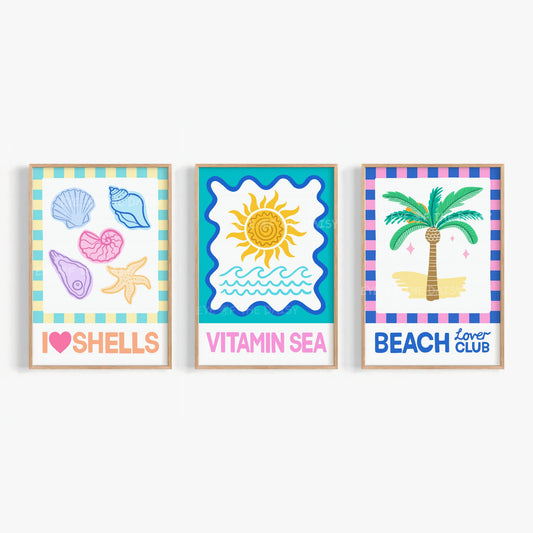 Set of 3 beachy prints featuring I Love Shells, Vitamin Sea, Beach Lover Club – coastal printable wall art gallery wall, digital download