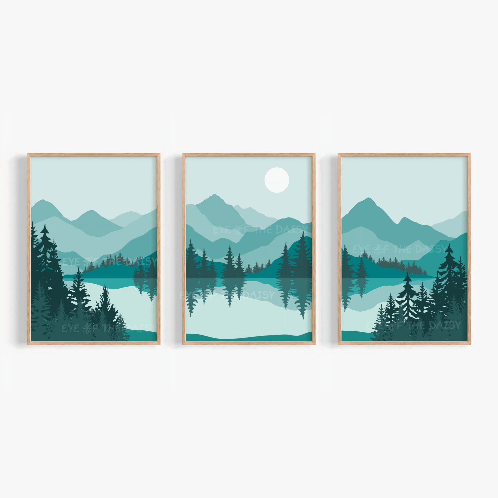 Set of 3 teal landscape printable wall art prints, showing a mountain scene with trees and a lake in mid century modern style