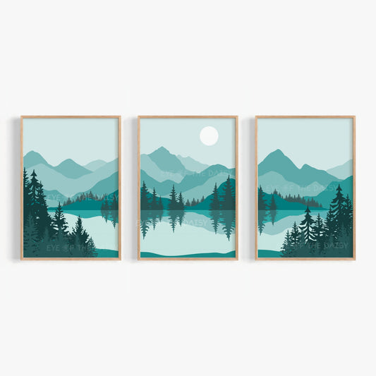 Set of 3 teal landscape printable wall art prints, showing a mountain scene with trees and a lake in mid century modern style