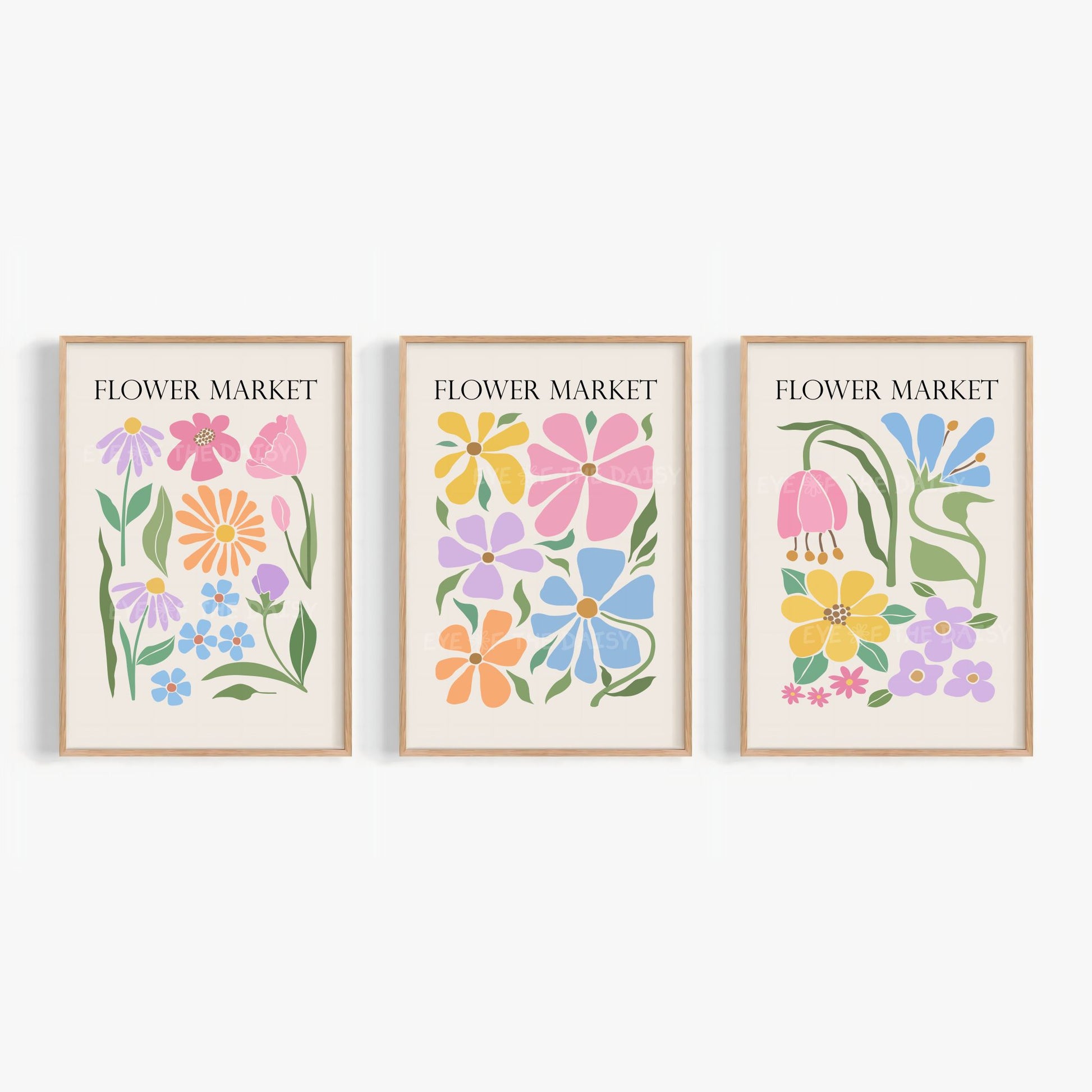 Printable nursery floral print set – pastel Flower Market wall art triptych in soft tones, set of 3 digital posters for neutral baby decor