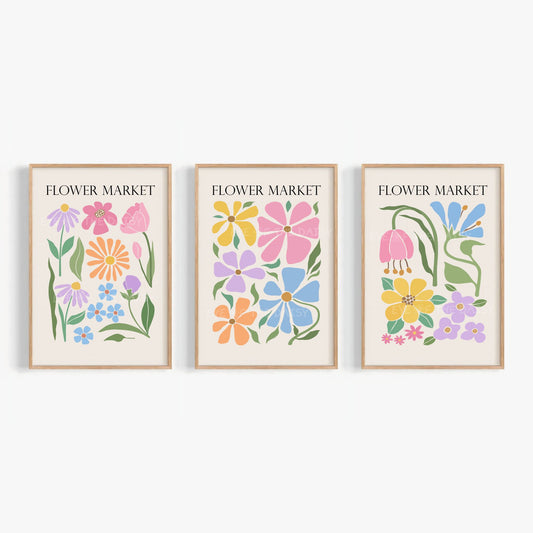 Printable nursery floral print set – pastel Flower Market wall art triptych in soft tones, set of 3 digital posters for neutral baby decor