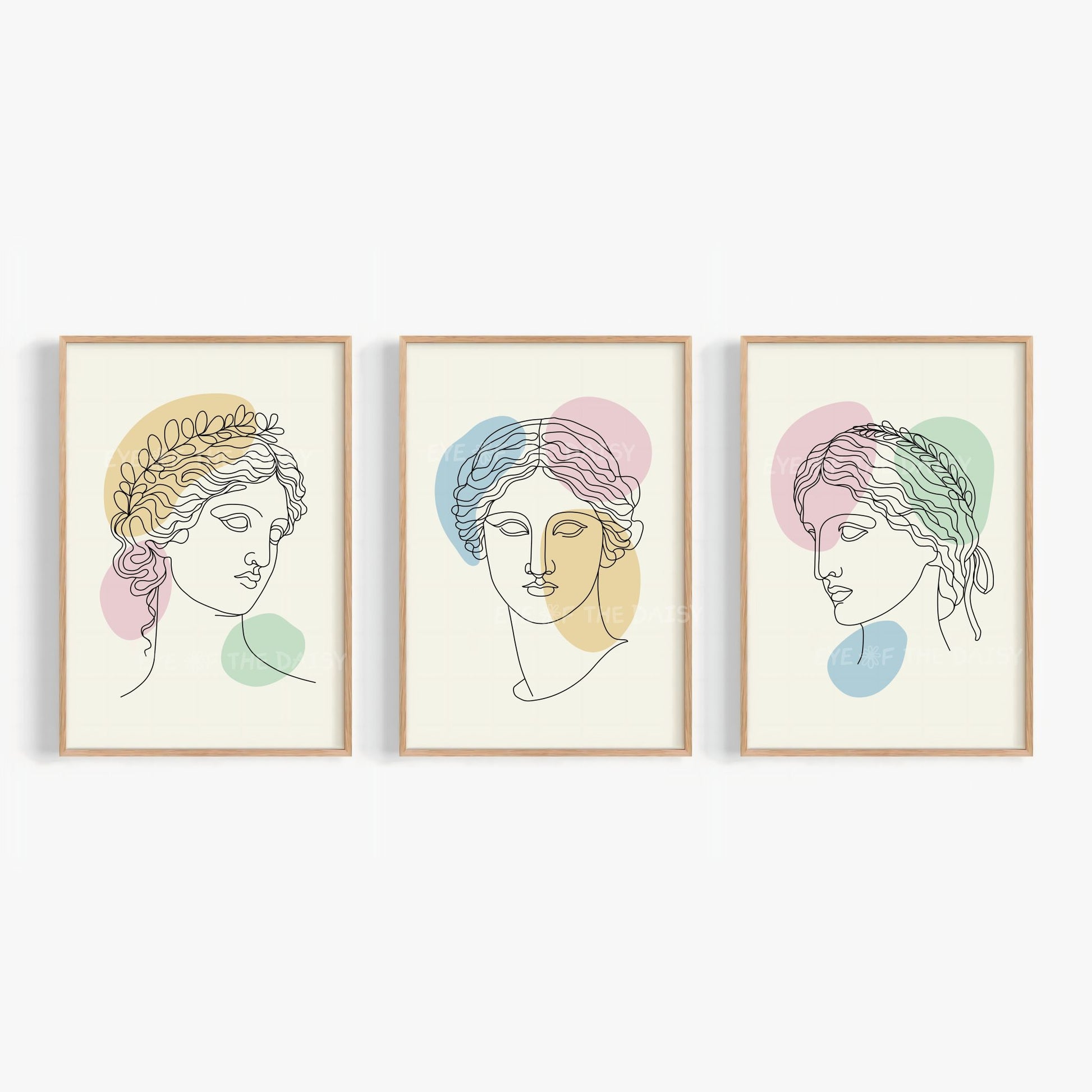 Greek statue head line art print set of 3 in pastel pink, blue & yellow, printable wall art for modern boho decor or Scandi gallery wall