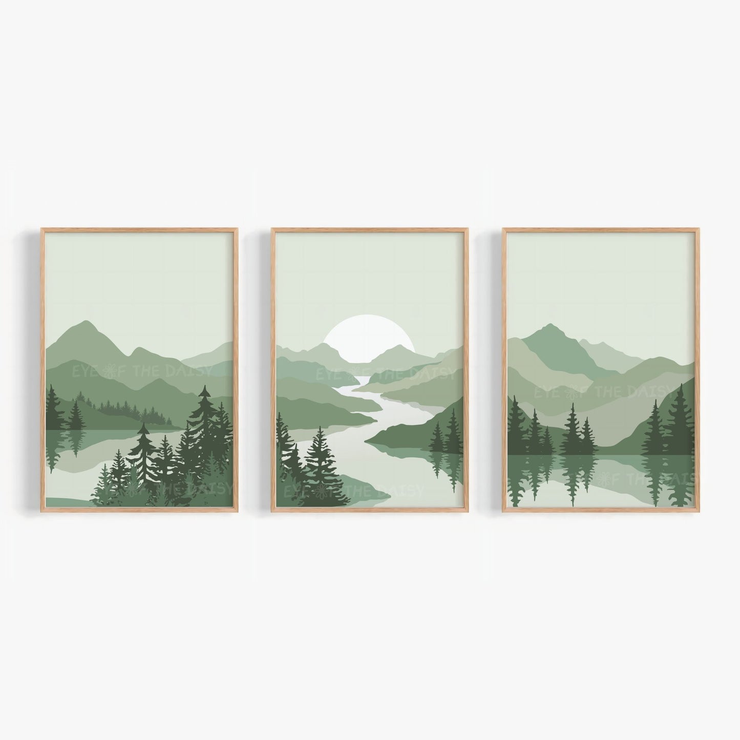 Set of 3 prints of a sage green mountain landscape scene with trees and water, mid century modern printable wall art