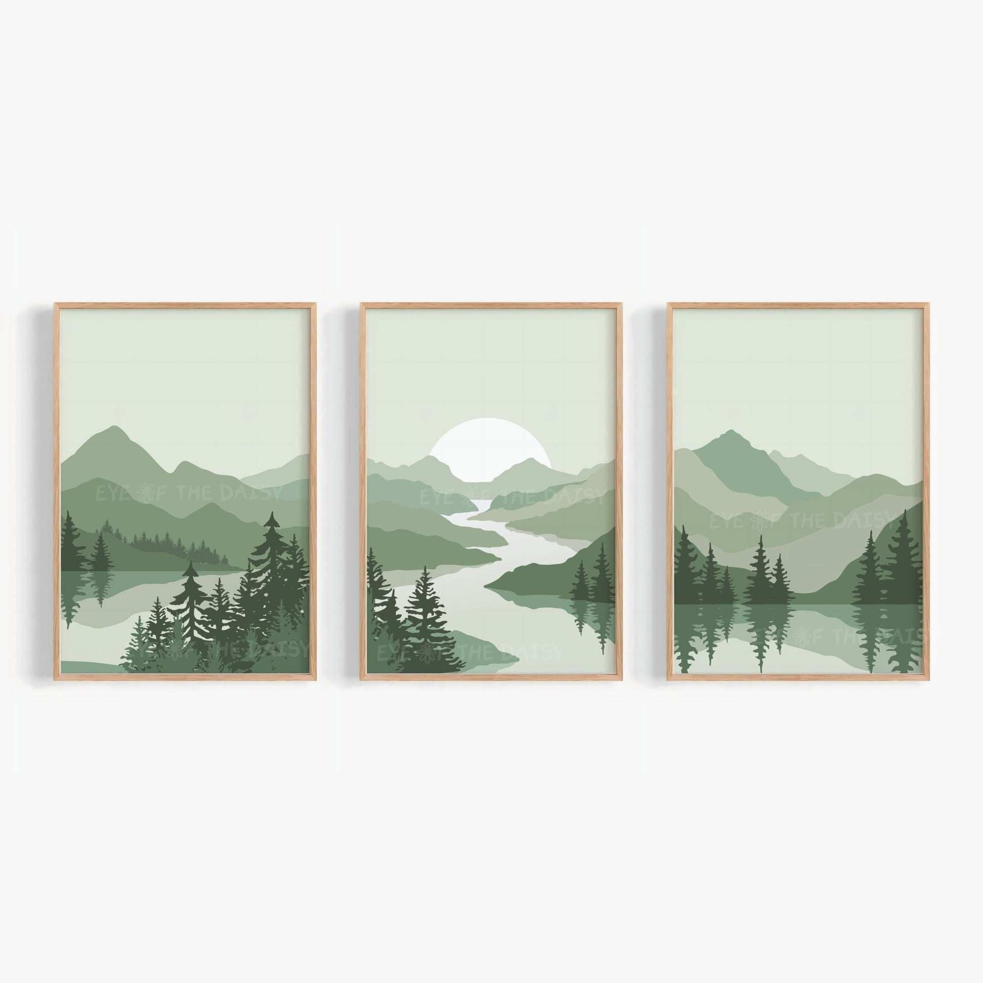 Set of 3 prints of a sage green mountain landscape scene with trees and water, mid century modern printable wall art