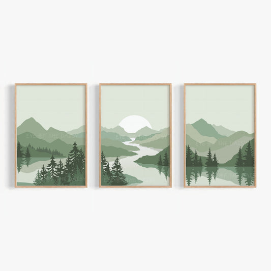 Set of 3 prints of a sage green mountain landscape scene with trees and water, mid century modern printable wall art