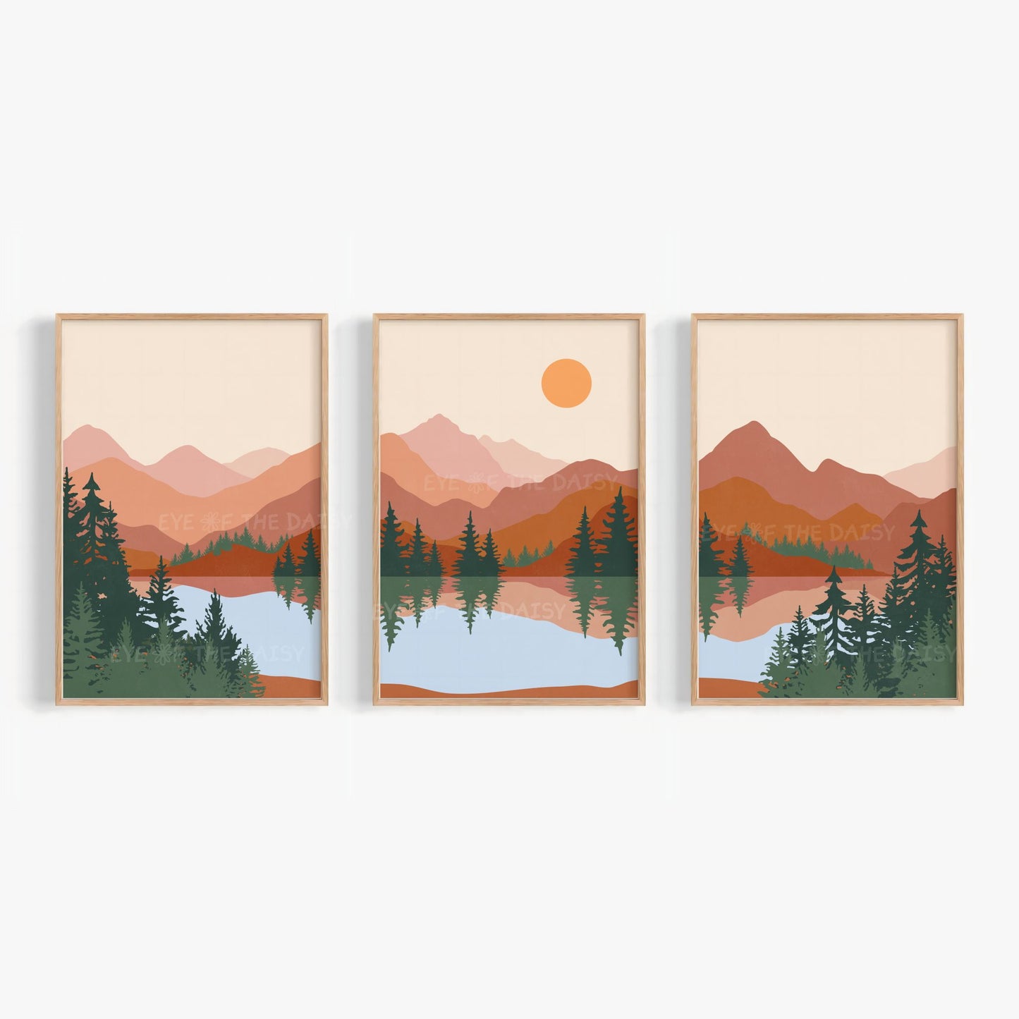 Set of 3 boho prints of a minimal mountain landscape scene with trees and water, in terracotta, burnt orange, forest green, earth tones