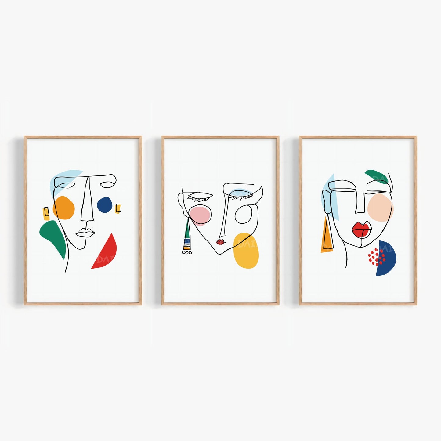 Quirky abstract face print set of 3 in black line art with colorful shapes, modern digital download