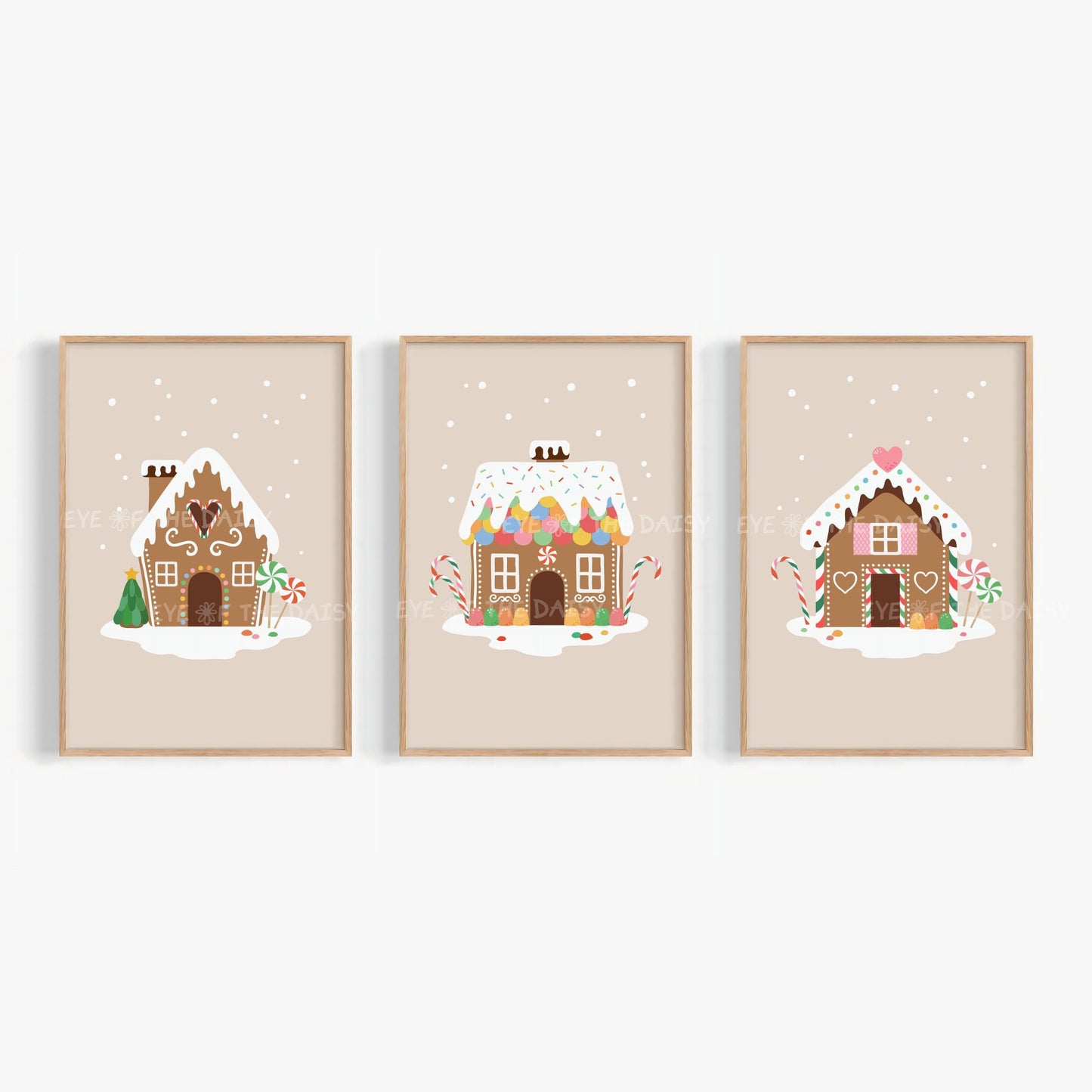 Set of 3 Gingerbread House Prints Digital Download | Cute Christmas Printable Wall Art