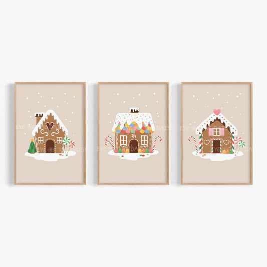 Set of 3 Gingerbread House Prints Digital Download | Cute Christmas Printable Wall Art
