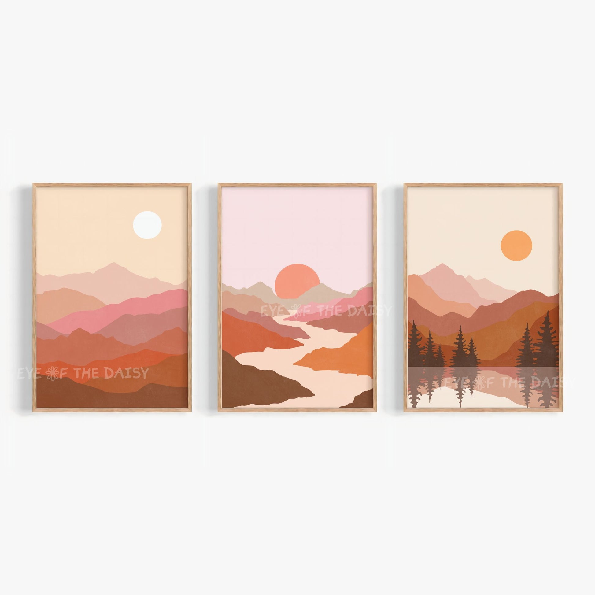 Boho landscape triptych wall art, mountain scene printable gallery wall set for trendy apartment