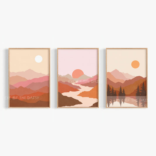Boho landscape triptych wall art, mountain scene printable gallery wall set for trendy apartment