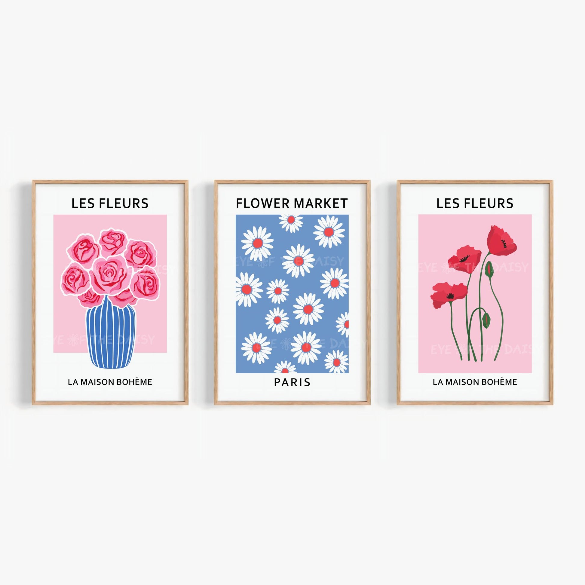 Colourful Les Fleurs printable wall art set of 3 — red, pink and royal blue floral digital download, perfect modern gallery wall DIY decor