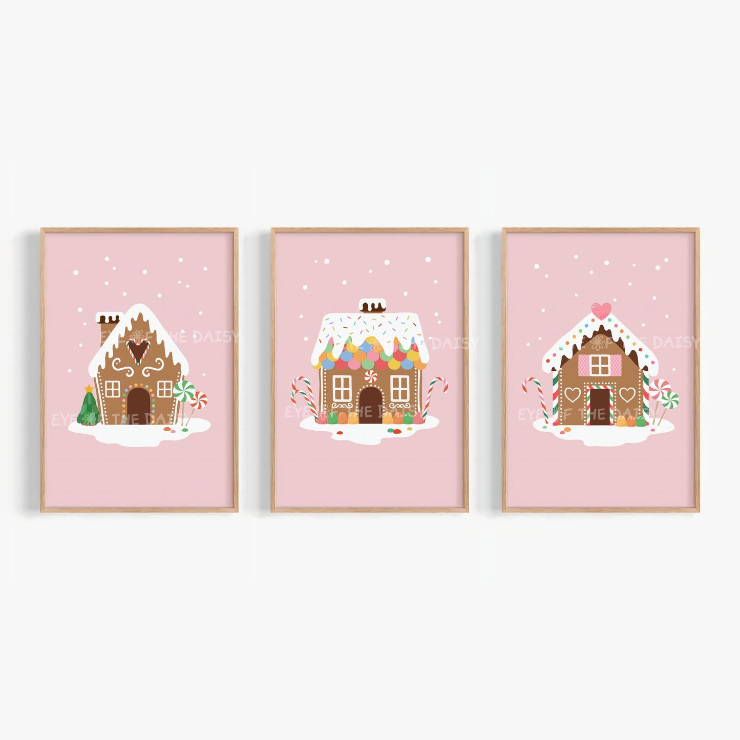 Set of 3 Gingerbread House Prints Digital Download | Pink Christmas Printable Wall Art