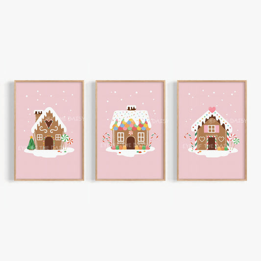 Set of 3 Gingerbread House Prints Digital Download | Pink Christmas Printable Wall Art