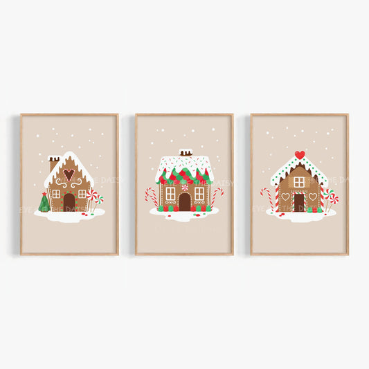 Set of 3 Gingerbread House Prints Digital Download | Traditional Christmas Printable Wall Art