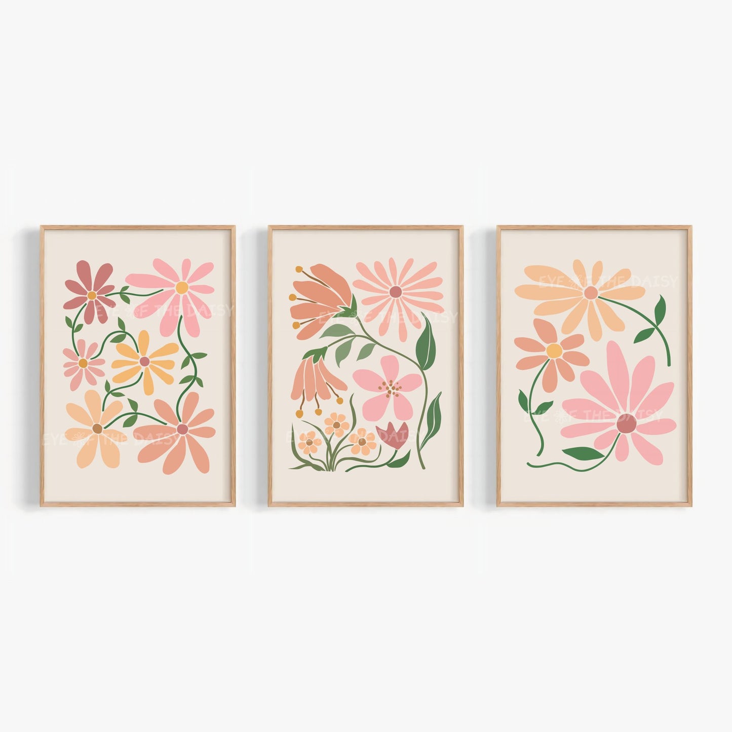 Boho floral wall art set of 3 – terracotta and blush botanical prints in neutral earthy tones, printable gallery wall for modern living room