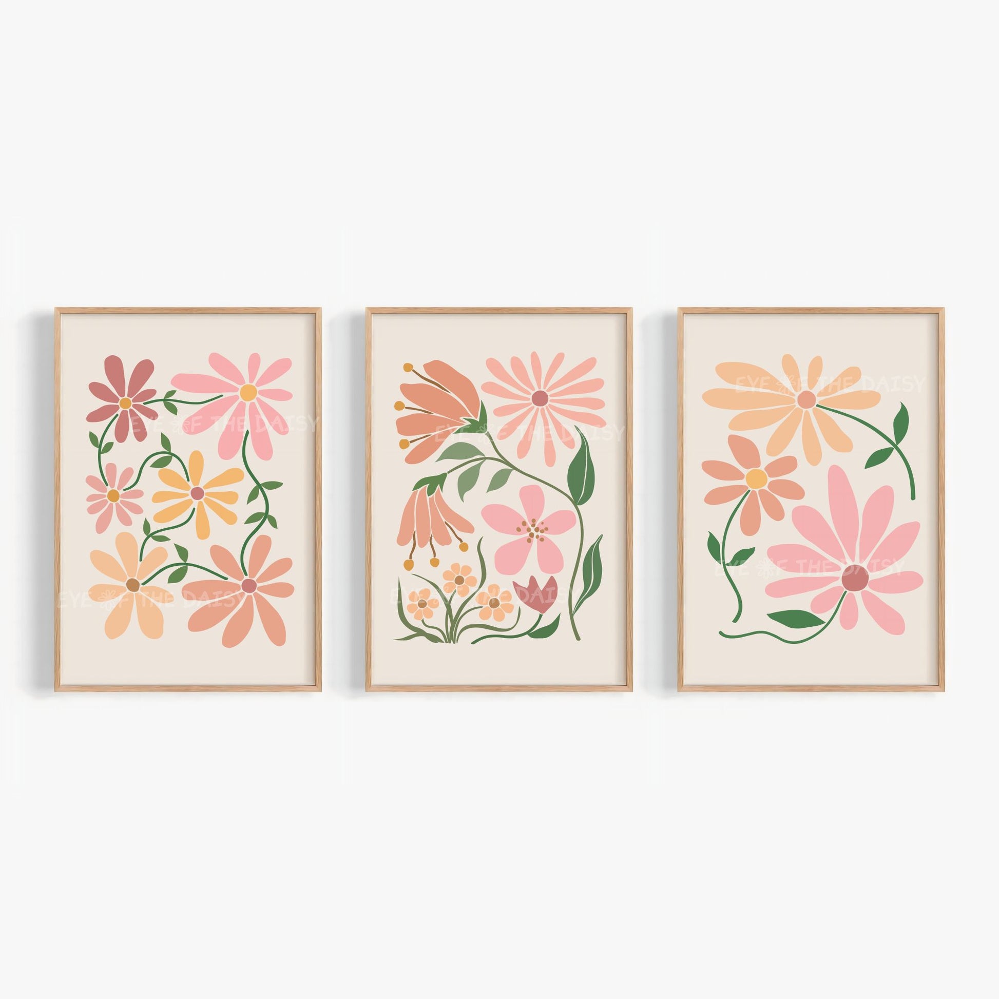Boho floral wall art set of 3 – terracotta and blush botanical prints in neutral earthy tones, printable gallery wall for modern living room