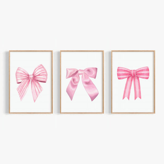 Vintage-inspired pink bows print set – watercolor ribbons wall art, printable gallery wall decor for girly coquette or balletcore room