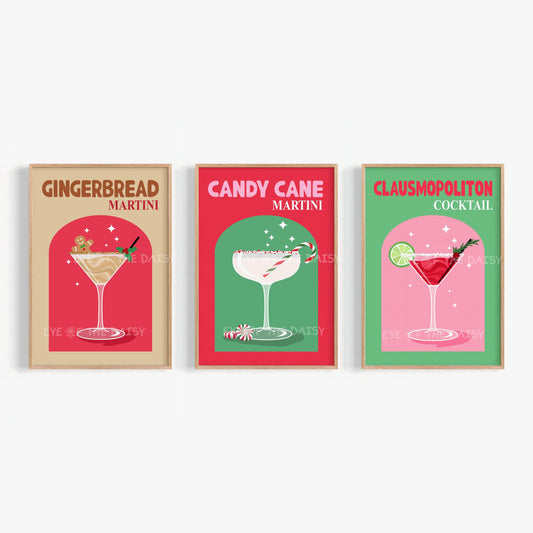 Set of 3 Christmas Cocktail Prints Digital Download | Retro Holiday Drink Printable Wall Art