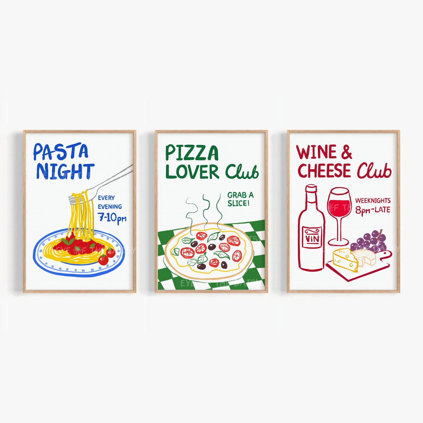 Foodie print set of three featuring trendy 'Pasta Night', 'Pizza Lover Club', and 'Wine & Cheese Club' hand drawn printable wall art