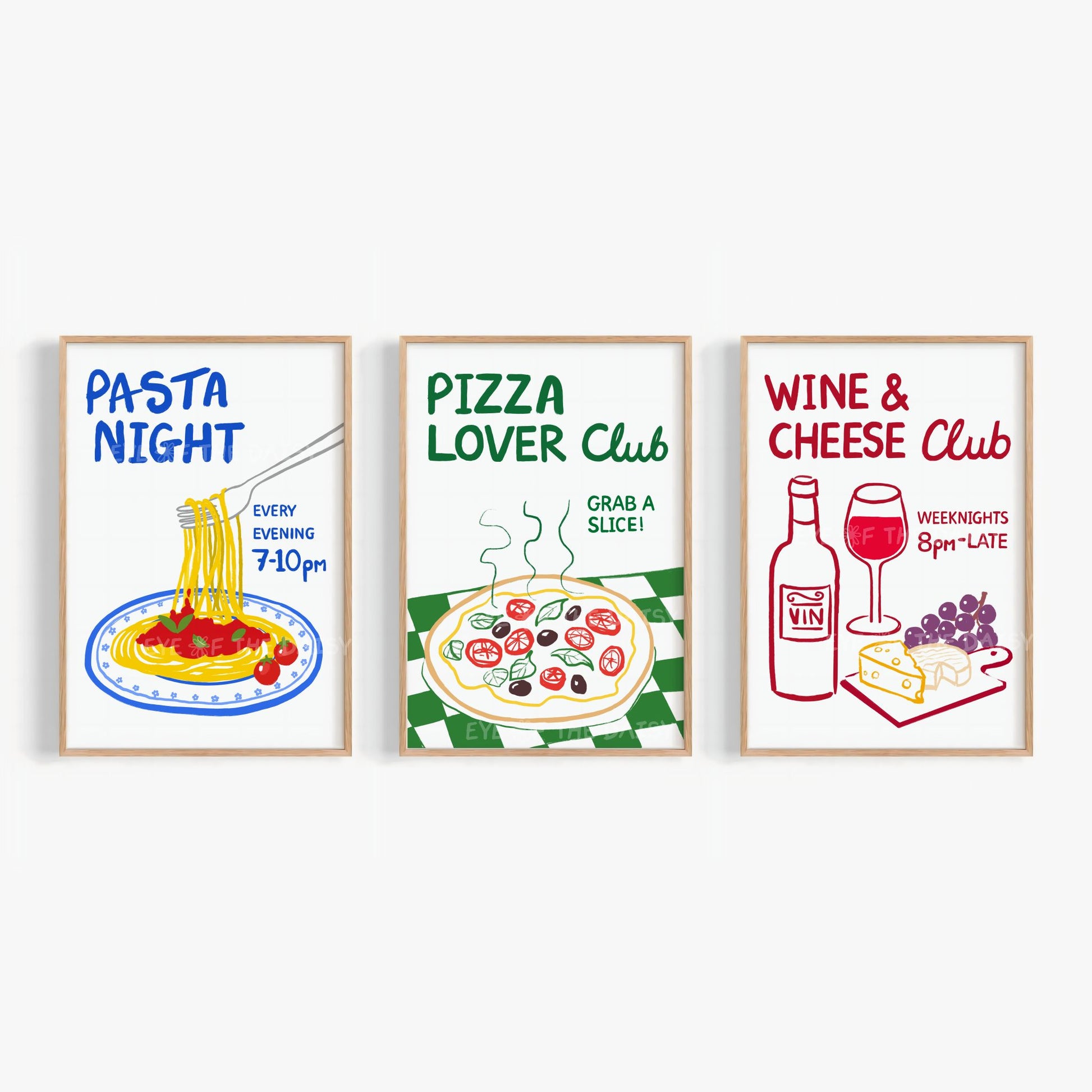 Foodie print set of three featuring trendy 'Pasta Night', 'Pizza Lover Club', and 'Wine & Cheese Club' hand drawn printable wall art