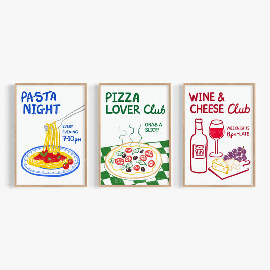 Foodie print set of three featuring trendy 'Pasta Night', 'Pizza Lover Club', and 'Wine & Cheese Club' hand drawn printable wall art