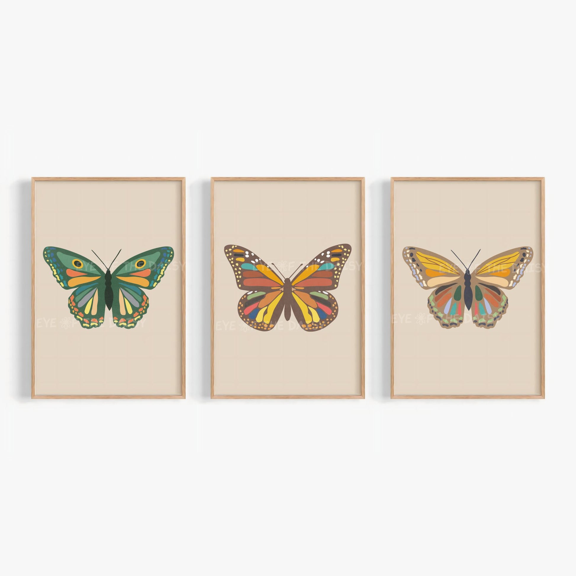 Vintage boho butterfly print set or three – digital download of earth tone boho chic butterfly illustrations on beige