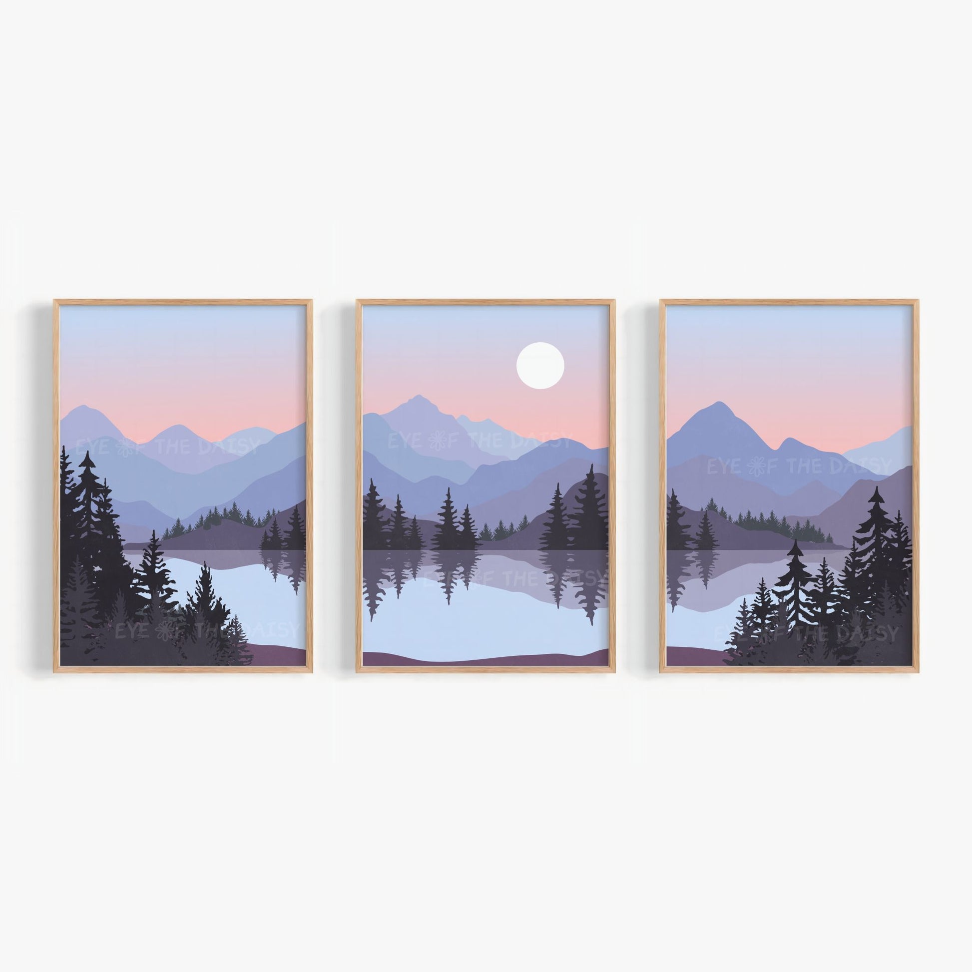 Set of 3 abstract landscape printable wall art prints, showing a mountain scene with trees and a lake in lilac, blue, grey, purple, peach