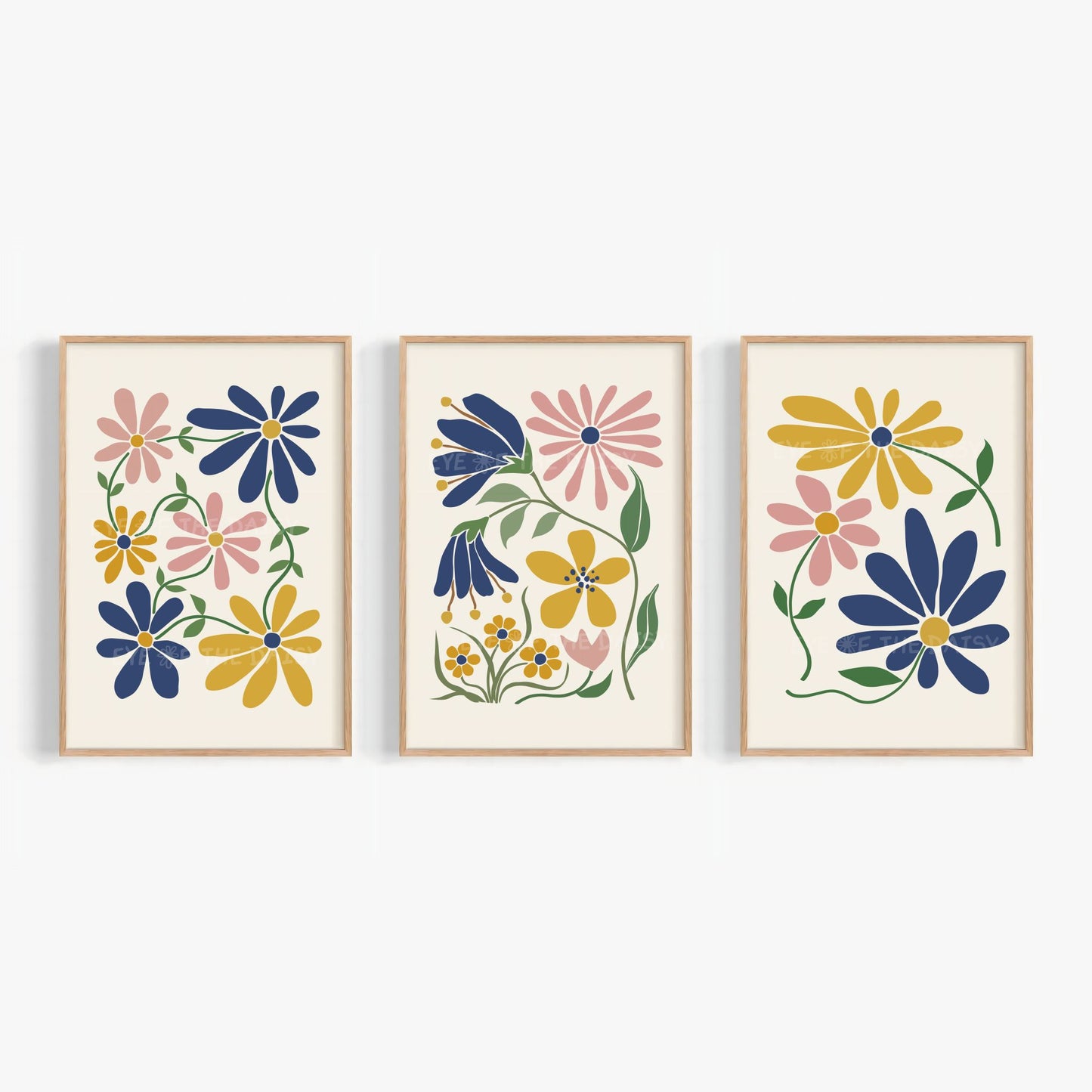Floral printable wall art set of 3, with mustard yellow, navy blue and blush pink abstract flowers on light beige