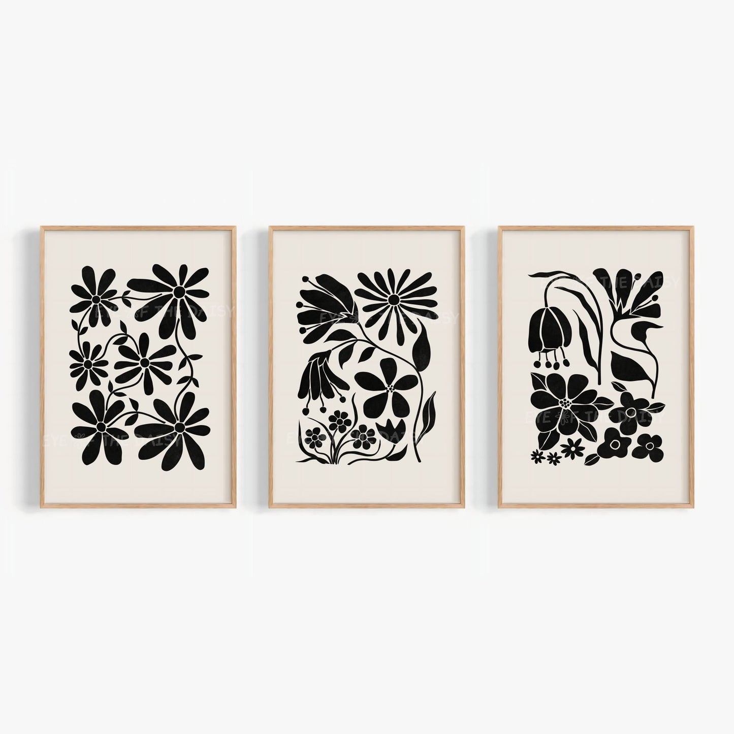 Chic abstract botanical print set of 3 – black floral cut-outs on beige, digital download wall art for modern trendy apartment decor