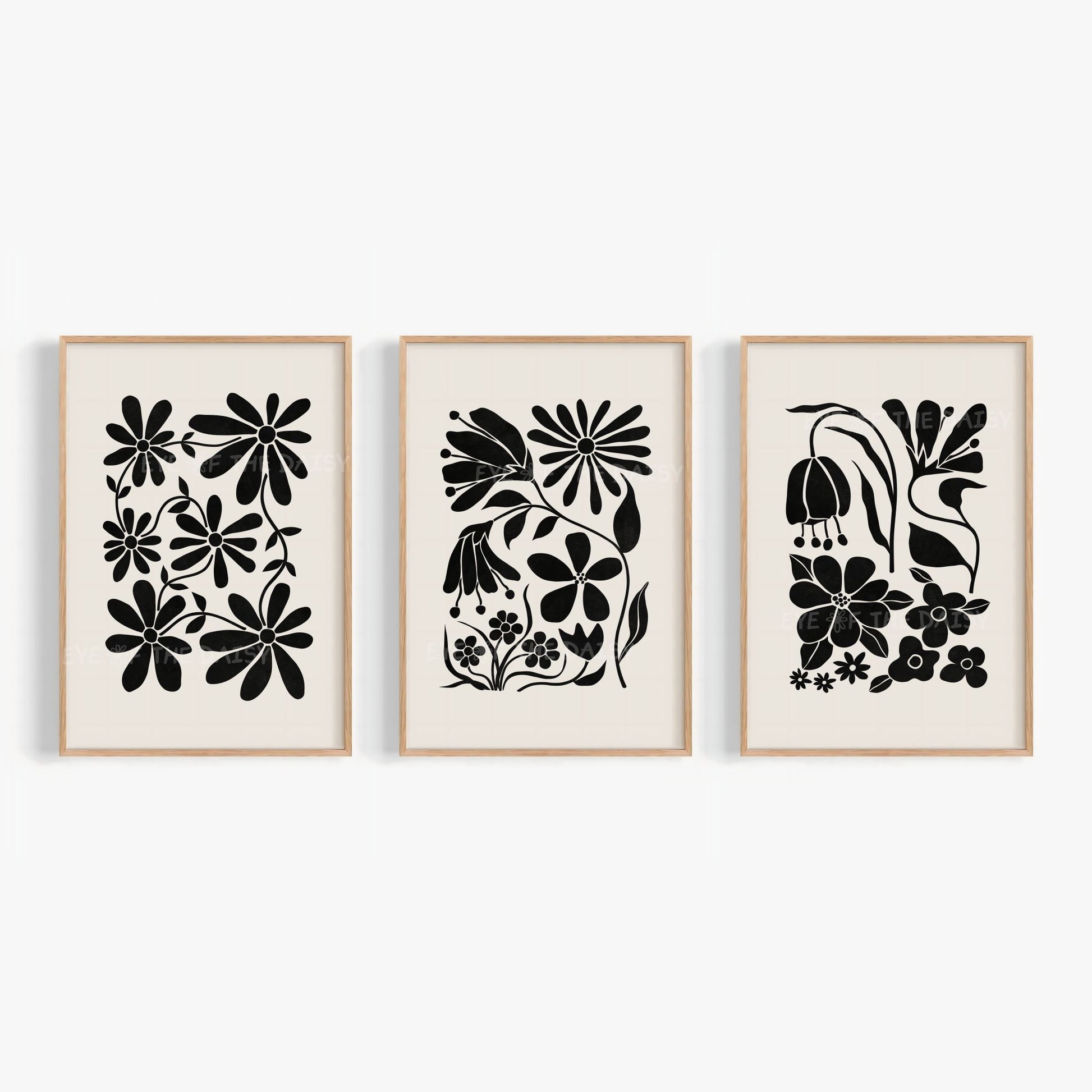 Chic abstract botanical print set of 3 – black floral cut-outs on beige, digital download wall art for modern trendy apartment decor