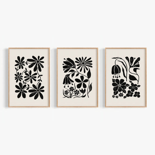 Chic abstract botanical print set of 3 – black floral cut-outs on beige, digital download wall art for modern trendy apartment decor