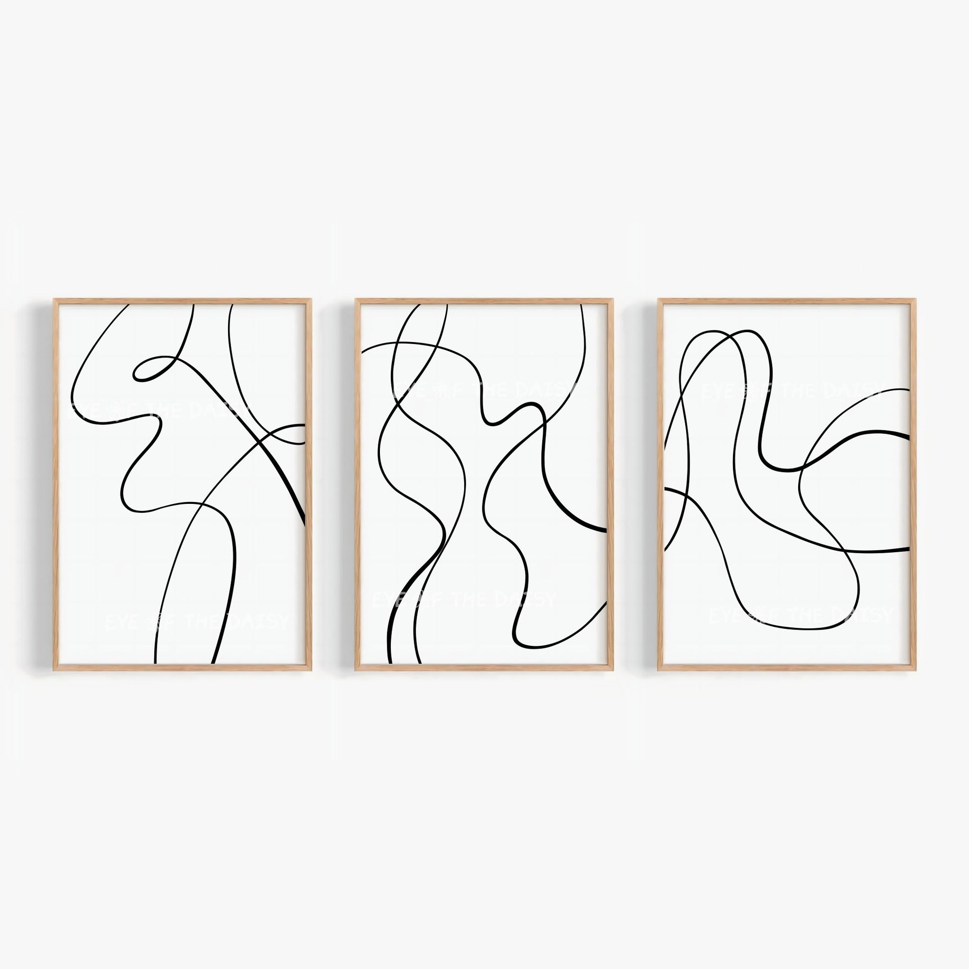 Abstract scribble line art print set of 3 in black & white, modern minimalist printable wall art for a simple gallery wall set