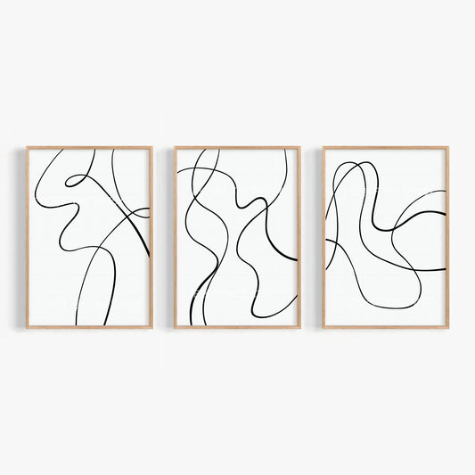 Abstract scribble line art print set of 3 in black & white, modern minimalist printable wall art for a simple gallery wall set