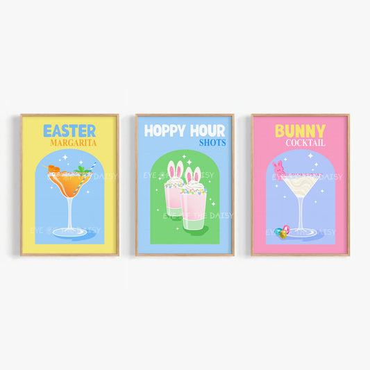 Easter cocktail printable wall art set, Bunny Cocktail, Hoppy Hour Shots, Easter Margarita