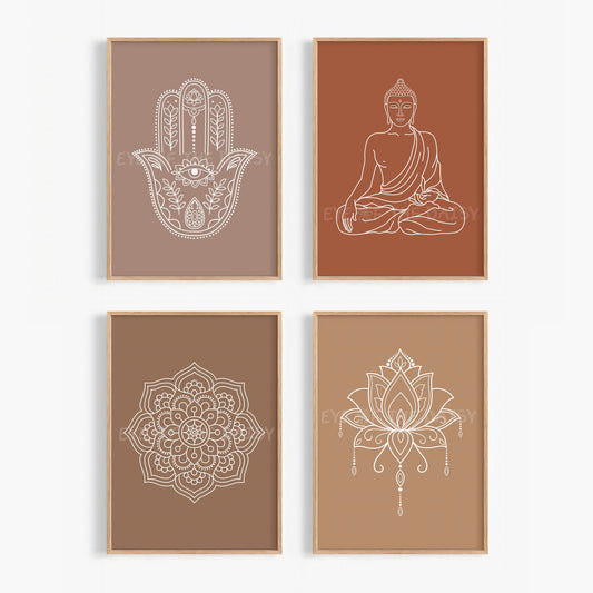 Zen line art print set of 4 in terracotta and beige tones, printable wall art for instant digital download, minimal calming home artwork