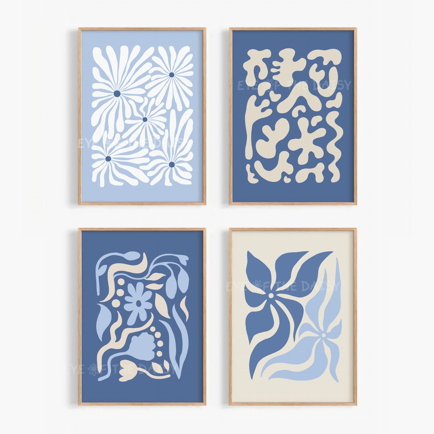 Abstract floral cut-out print set of 4 – navy, pale blue, beige botanical wall art, digital download perfect for gender neutral nursery decor