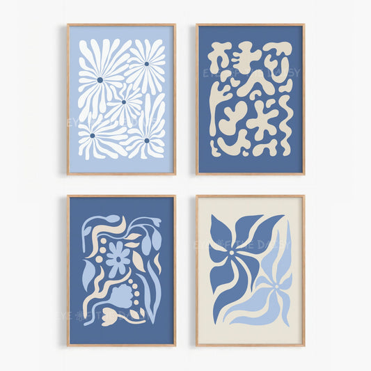 Abstract floral cut-out print set of 4 – navy, pale blue, beige botanical wall art, digital download perfect for gender neutral nursery decor