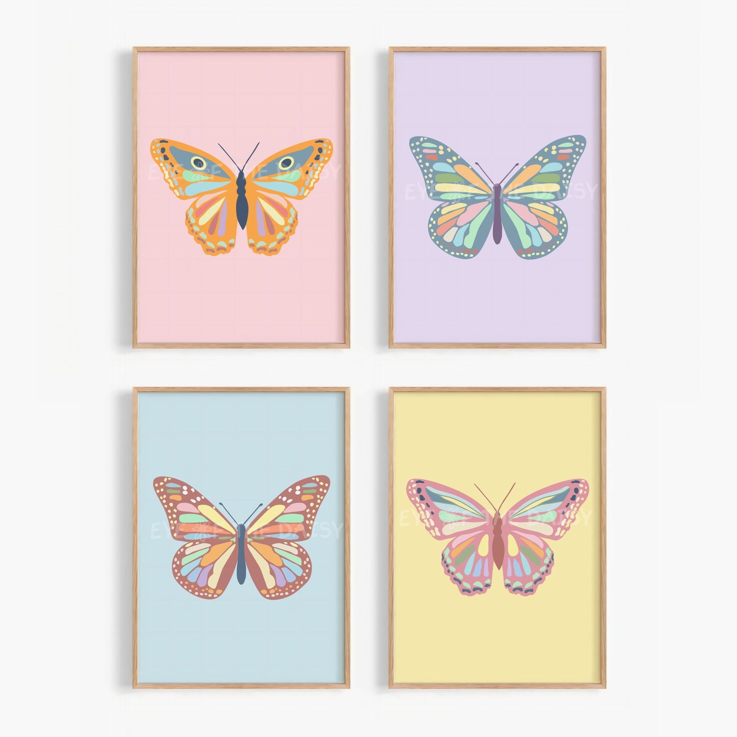 Colorful pastel butterflies printable wall print set of 4, in pink, lilac, lemon yellow and sky blue, great for nursery room decor